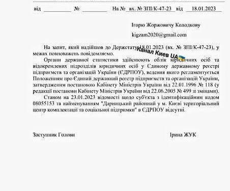 ТЦК отсутствует в реестре ЄДРПОУ