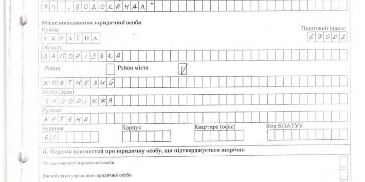 Регистрационная карточка КП «ВОДОКАНАЛ»